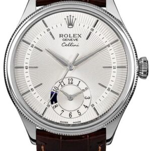 Rolex Cellini Dual Time Silver Dial Brown Strap Men’s Watch 50529