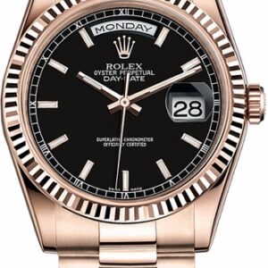 Rolex Day-Date 36 Black Dial Fluted Bezel Gold Watch 118235