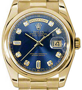 Rolex Day-Date 36 Blue Diamond Dial Solid Gold Watch 118208