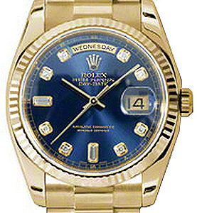 Rolex Day-Date 36 Blue Diamond Fluted Solid Gold Watch 118238