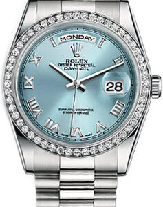 Rolex Day-Date 36 Blue Roman Numeral Platinum Watch 118346