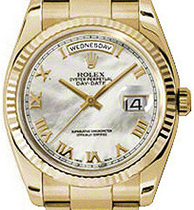 Rolex Day-Date 36 Mother of Pearl Roman Numeral Oyster Bracelet Watch 118238