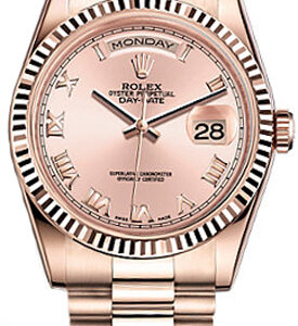 Rolex Day-Date 36 Pink Roman Numeral Dial Gold Watch 118235