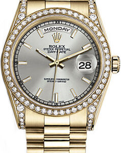 Rolex Day-Date 36 Silver Dial Diamond Bezel Gold Watch 118388