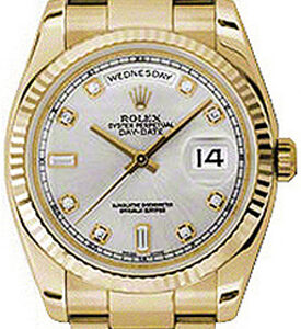 Rolex Day-Date 36 Silver Diamond Dial Fluted Gold Watch 118238