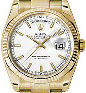 Rolex Day-Date 36 White Dial Fluted Bezel Gold Watch 118238