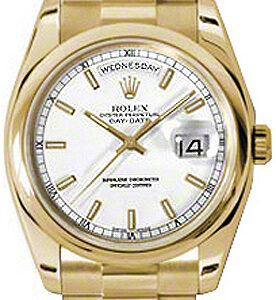 Rolex Day-Date 36 White Dial Gold Domed Bezel Watch 118208